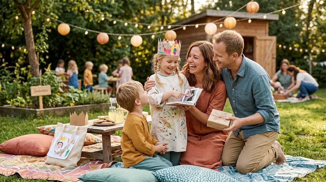 Kind am letzten Tag im Kindergarten mit Schultüte und Freunden