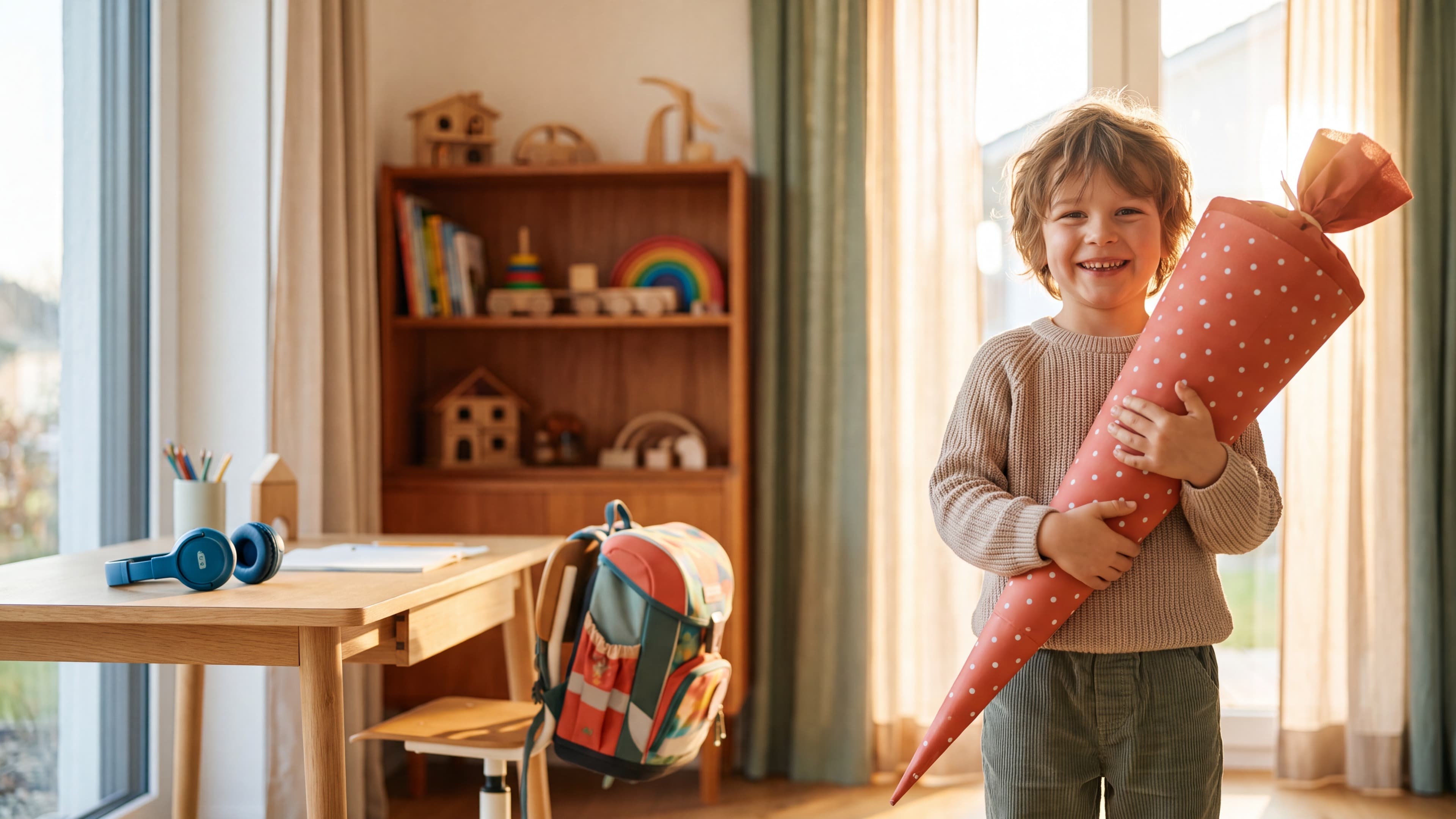 Kind am ersten Schultag mit Schultüte vor dem Schulgebäude