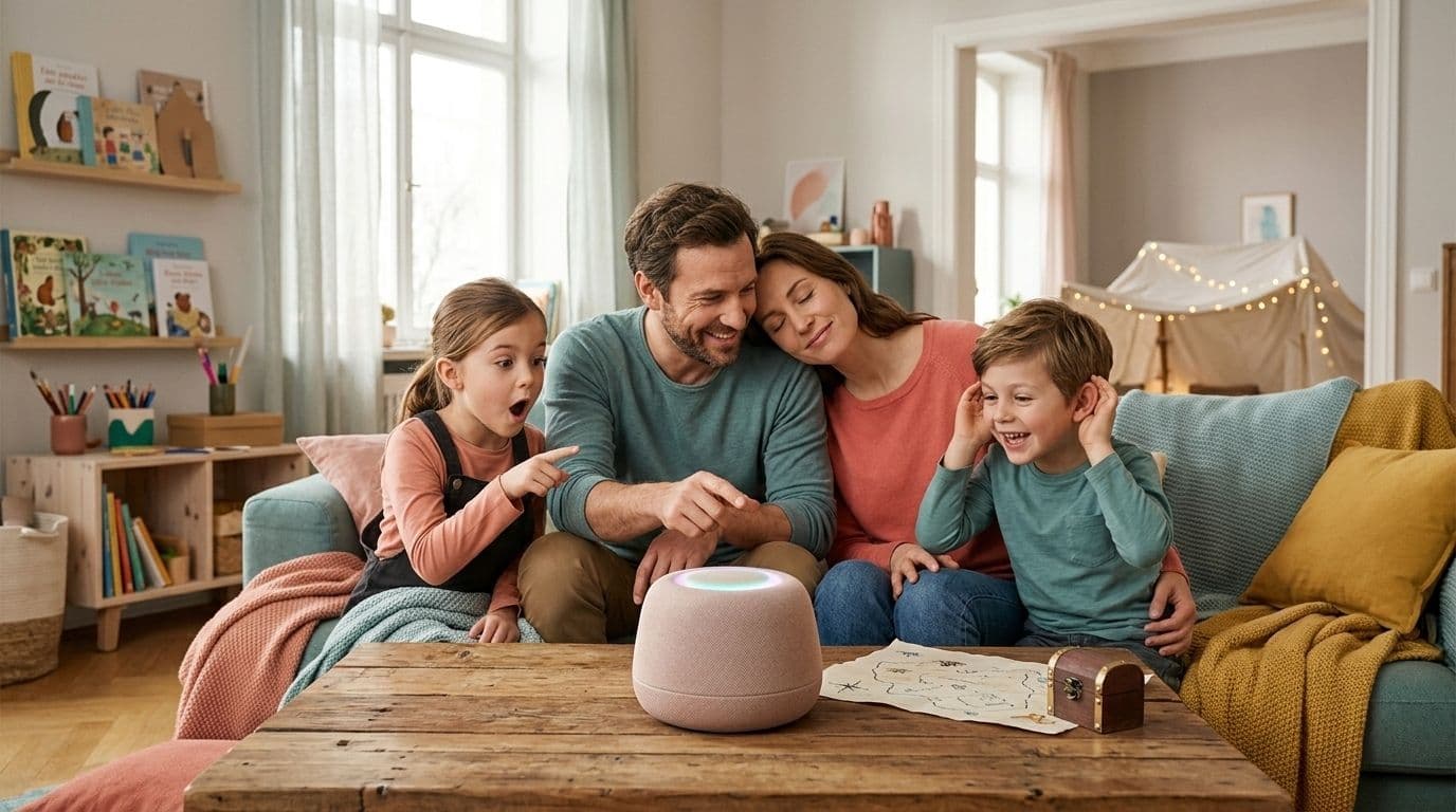 Familie mit Kind hört gemeinsam ein eigenes Hörspiel auf dem Kreativ-Tonie