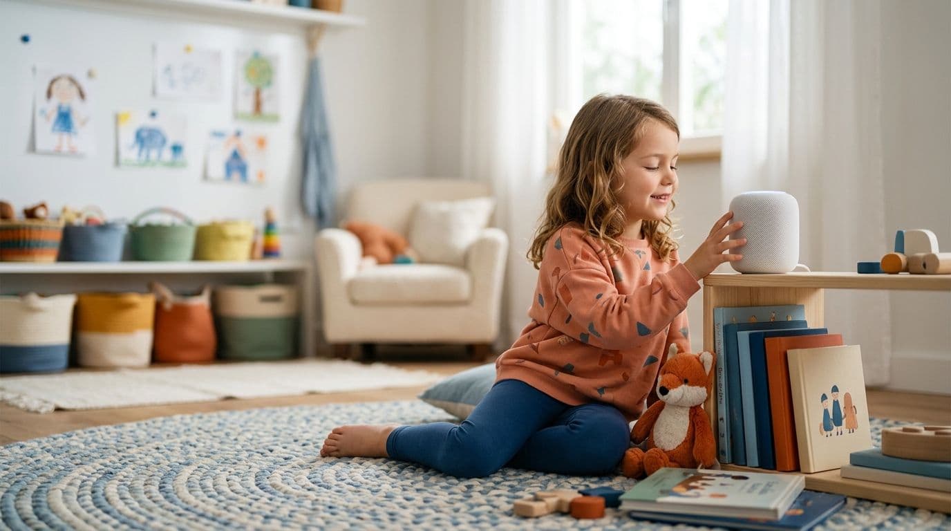 Zwei Kinder hören zusammen eine wiederkehrende Hörspiel-Serie